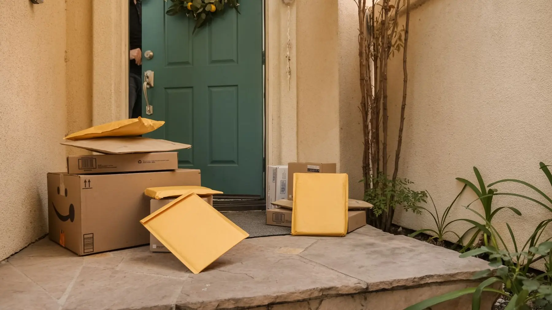 Online shop being browsed on a laptop beside packed orders